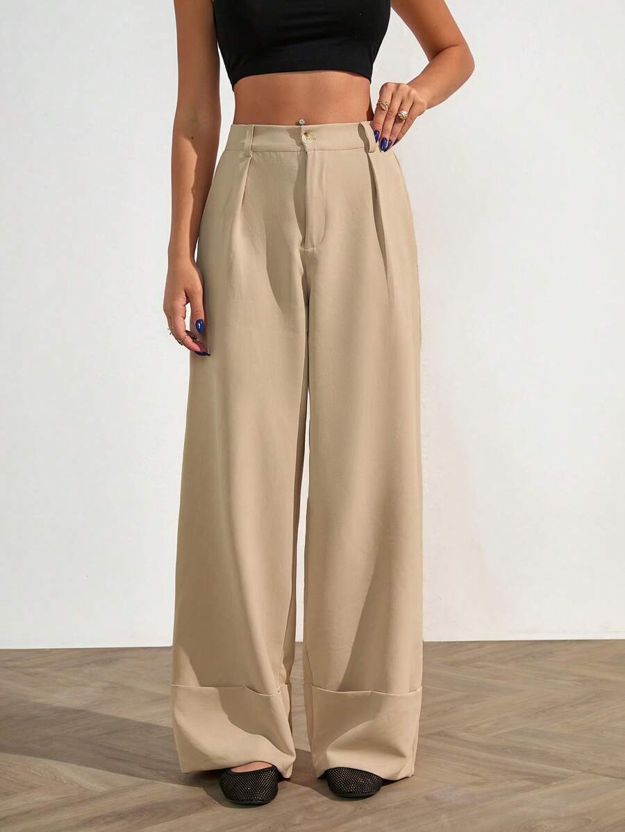 SHEIN Tall Quần ống rộng cạp cao may đo có chun sau lưng – Phong cách tinh tế màu be nhạt - Màu be - Xem 1