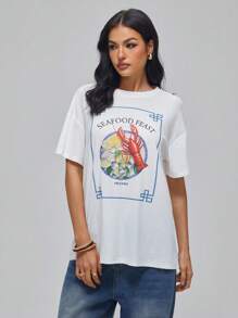 Roylia T-shirt casual à manches courtes et col rond avec imprimé homard pour femmes, été