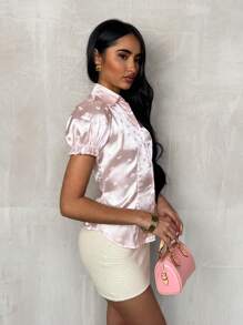 Glamine Camisa de mujer tejida con jacquard en rosa con cuello de volantes, mangas abullonadas y lazo en la espalda, de moda, elegante y linda - Rosa - Ver 6