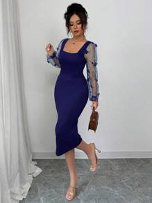 Elenzga 方领优雅春夏度假法式3D网眼性感修身透视碎花长袖连衣裙 - 藏蓝色 - 查看 6