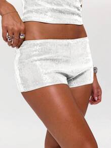 SHEIN BAE Women's Sequin Shorts For Summer, Suitable For Music Festivals, Nighttime Outings, And Nighttime Parties Sparkly - White - View 5