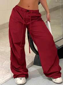 SHEIN EZwear Plus Size Casual Solid Color Drawstring Waist Straight-Leg Pants - Red - View 3