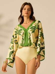 CAJUNI Body verde donna con scollo a V, maniche, stampa boho con ananas, foglie di palma e motivi tropicali, casual estivo, ideale per gite in spiaggia