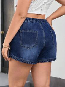 SHEIN ICON Plus Size Summer Casual Frill Denim Shorts - Dark Wash - View 2