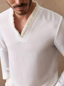 Manfinity VCAY Men's Casual Slim Fit V-Neck Fringe Trim Solid Color Long Sleeve Top - White - View 2