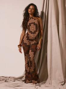 Musera Resort غطاء علوي مطبوع بياقة حلقية وحافة على شكل حرف V، مناسب للربيع والصيف، عطلة شاطئية، حفلات موسيقية، أسلوب بوهيمي، إيبيزا، عطلة - متعدد الألوان - مشاهدة 4