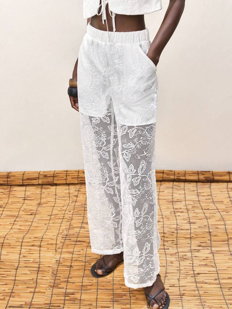 SHEIN Maija 女性夏用ウェア ハイウエスト ジャカード生地 フローラル 斜めポケット ゆとりデザイン リゾート 女性ロングパンツ