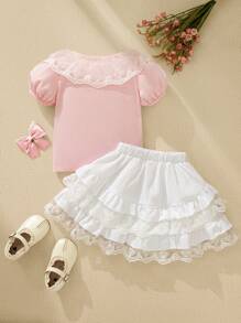 SHEIN Baby Girl Sweet Lace Ruffle Collar Short Sleeve Cardigan And Asymmetrical Ruffled Peplum Skirt Full Outfit Set, Suitable For Summer - Multicolor - View 4