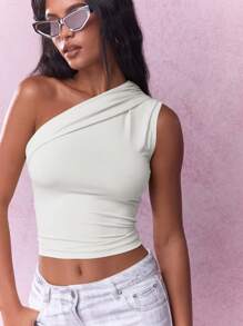 MISSGUIDED One Shoulder Crop Top Sleeveless Form Fitting Summer Party Club Evening Wear Stretchy Evening Leisure Fashion Essential Modern Basic - White - View 4