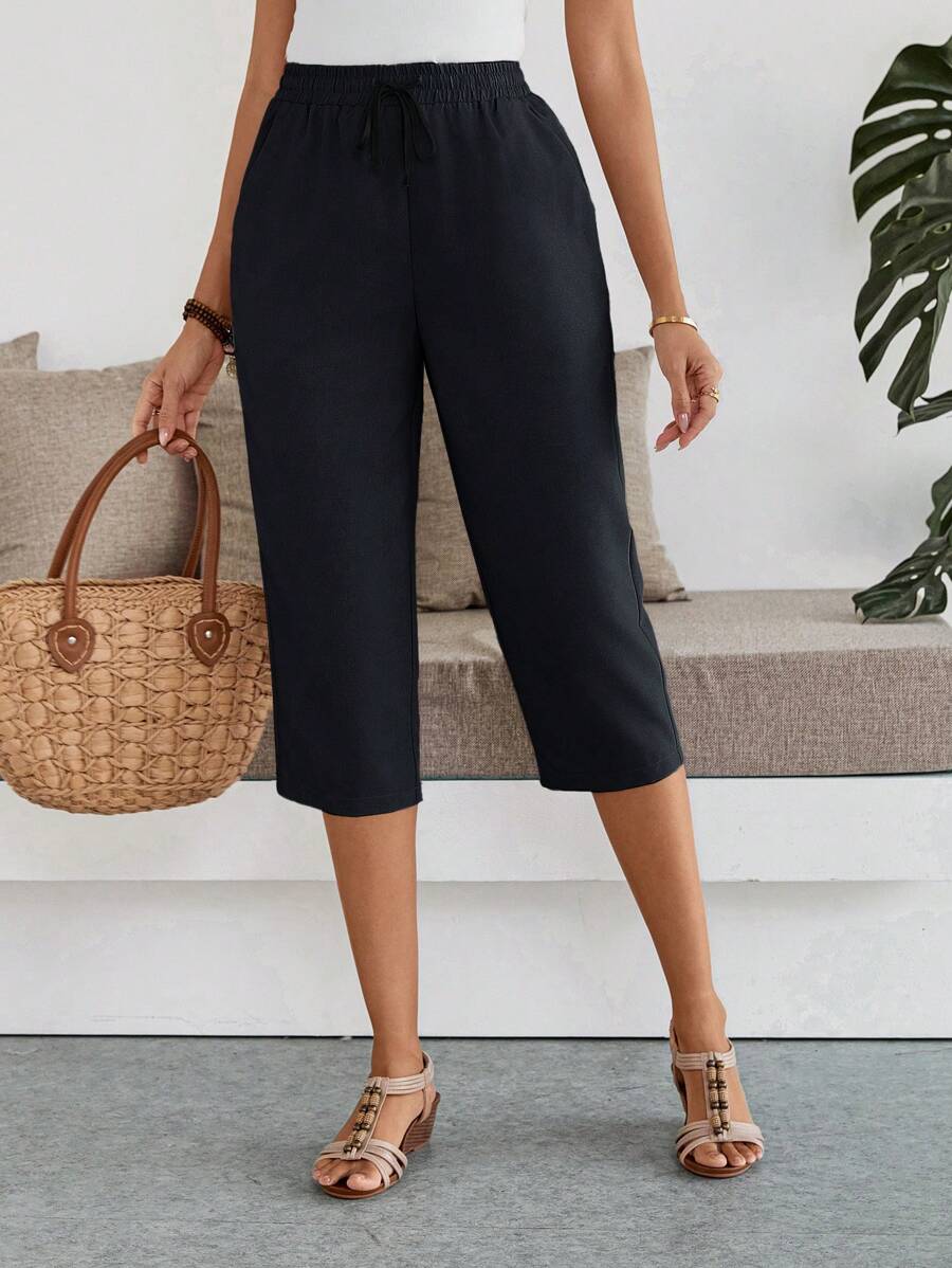 EMERY ROSE Women Solid Color Elastic Waist Casual Versatile Capri Pants Work Pants - Blue - View 1