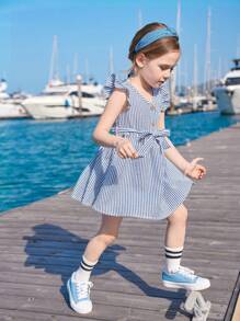 SHEIN Leap Crew 青少女條紋蝴蝶袖腰帶連衣裙