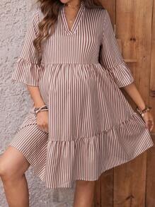 SHEIN Women 3/4 Sleeve Stand Collar Striped Shirt Dress Maternity Dress - Brown - View 4