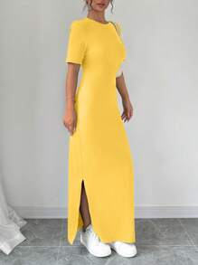 Chiquease 女式V领开衩纯色短袖黄色连衣裙长款女装 - 橘色 - 查看 3