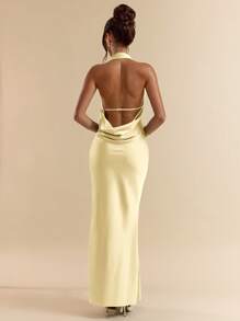 SHEIN BAE Spring/Summer Green Sexy Deep Draped Neck Metal Decor Open Back Extra Long Satin Mermaid Hem Dress, Bridesmaid Dress, Satin Dress, Sexy Dress,Butter Yellow Dress - Yellow - View 3