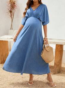 SHEIN Solid Color V-Neck Short Sleeve Casual Maternity Dress For Summer/Holiday Women's Summer Dress Maternity Dress - Blue - View 3