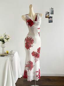 Soleia Vacation Green Floral Draped Neck Backless Cut-Out Long Dress With Fish Tail Hem - Multicolor - View 4