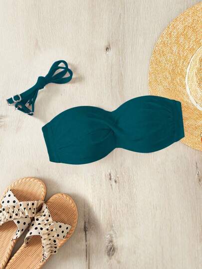 SHEIN Swim 夏季實色平口比基尼上衣，海灘推桿型內置鋼圈