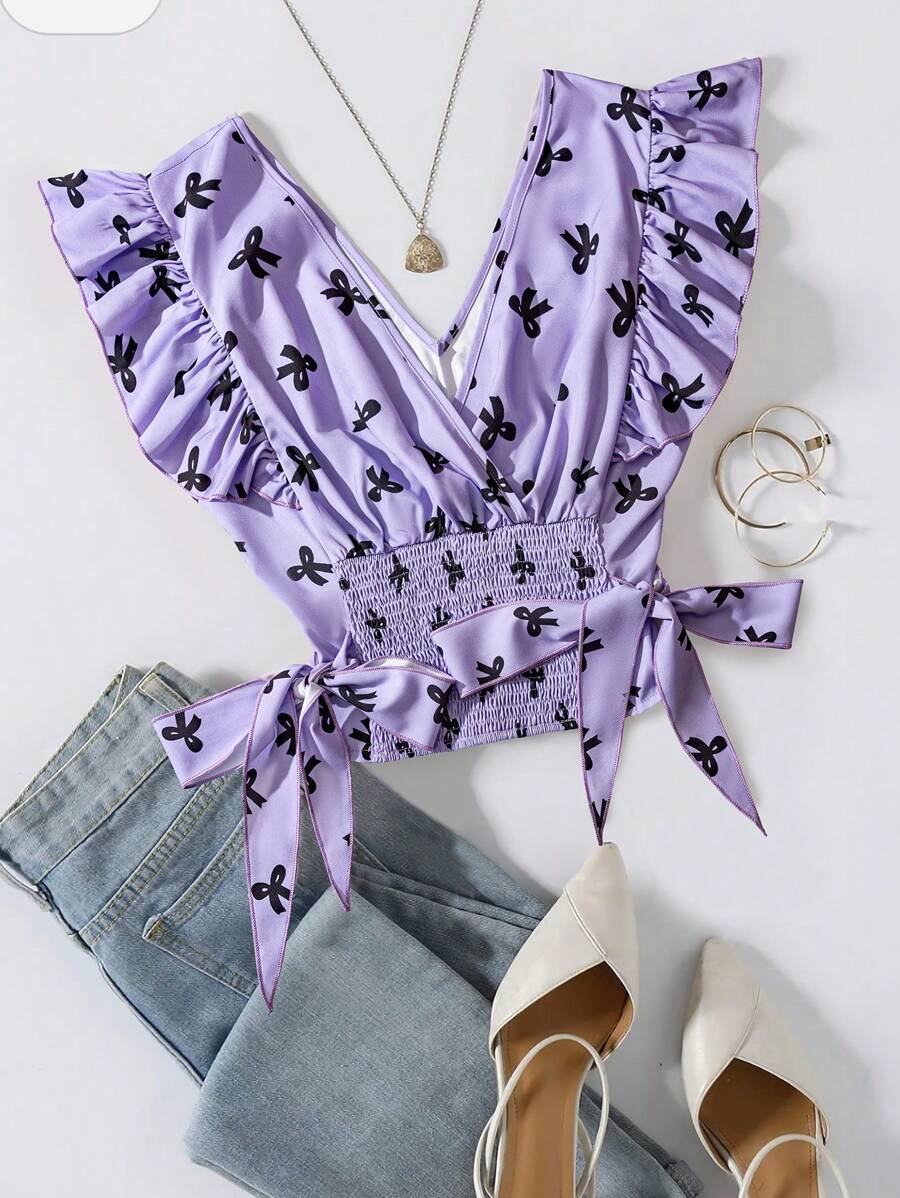 SHEIN LUNE Blusa de verano con manga acampanada y estampado de mariposas - Multicolor - Ver 1