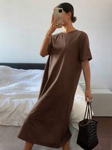 Livesso Solid Drop Shoulder Tee Dress Sundress - Mocha Brown - View 4