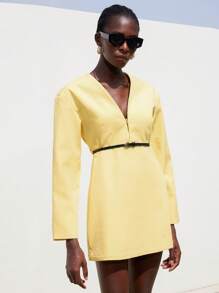 Aveloria Modichic Vestido holgado de manga larga, cuello en V, de ajuste ancho y elegante clásico, con cinturón, de color vibrante, estilo de oficina para mujer, para otoño