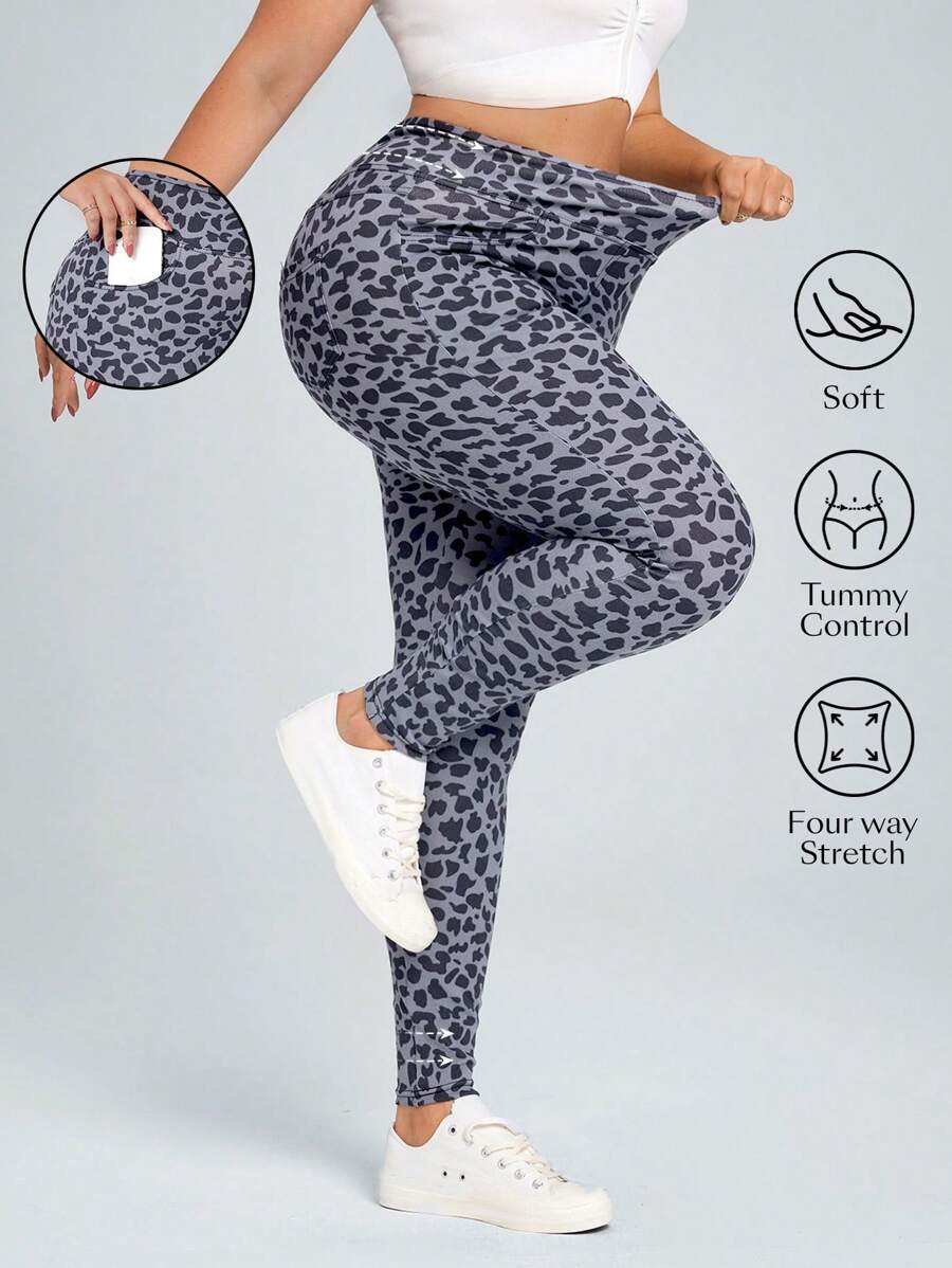 SHEIN Essnce Plus Size Denim Texture Knit Sports Style Leggings - Multicolor - View 1