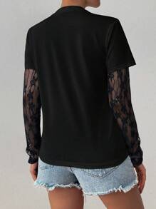 Chiquease 透视蕾丝袖纯色圆领长袖T恤 - 黑色 - 查看 2