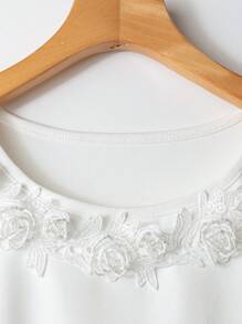 SHEIN Clasi Women's Casual Floral Embroidery Round Neck Ruffle Sleeve T-Shirt Short Sleeve Top For Summer - White - View 3