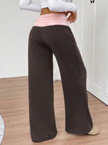 INAWLY Plus Size Contrast Color Elastic Waist Casual Straight Leg Pants
