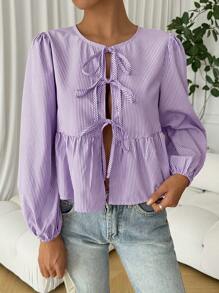 Comfortcana 夏季休闲浅紫色蝴蝶结吊带女式条纹娃娃裙 - 紫色 - 查看 4