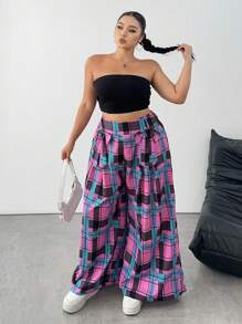 Flirla Plaid Color Contrast Waistband Bow Decor Loose Pants - Pink - View 3