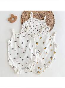 Loomiva Newborn Baby Girl 3pcs Set Plant & Floral Pattern Suspender Bodysuit Outfit - Multicolor - View 1