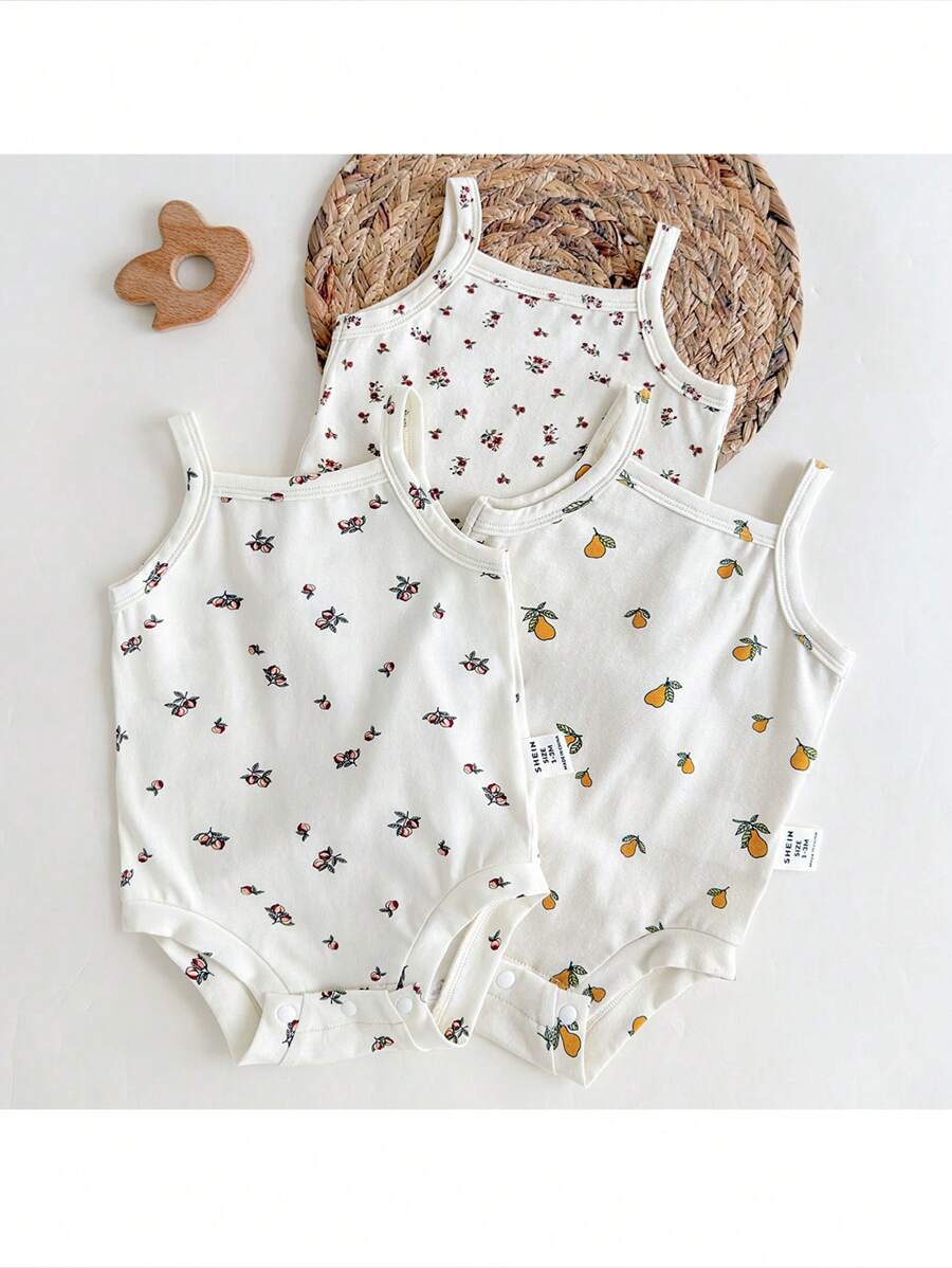 Loomiva Newborn Baby Girl 3pcs Set Plant & Floral Pattern Suspender Bodysuit Outfit - Multicolor - View 1