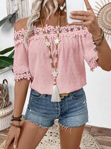 SHEIN LUNE Women's Summer Lace Patchwork Swiss Dot Off Shoulder Blouse - Pink - View 4