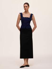 SHEIN Unity 女士休闲百搭修身荷叶边袖衬衫 - 藏蓝色 - 查看 5