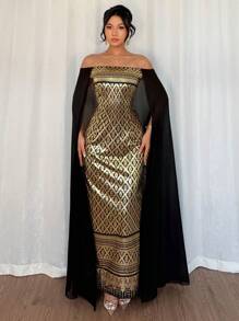 Islaluna Elegant & Graceful Islamic Black & Gold Color Block Sleeveless Fitted Dress, Shoulder-Less, Long Sleeve Gown For Women Fall Cloth For Women