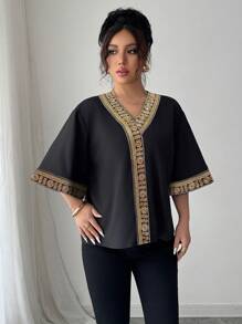 Chiquease Women's Elegant Batwing Sleeve Blouse, Loose Design, Golden Decorative Ribbon, Middle Eastern Style Latest Spring/Summer Fashion - Black - View 5