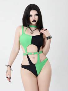 ROMWE Goth Traje de baño de una pieza sexy con anillo de contraste y hueco, Halloween