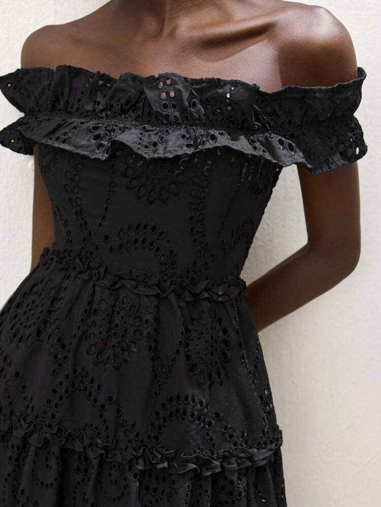 SHEIN Maija Women's Black Floral Embroidered Textured Fabric Ruffled Off Shoulder Elastic Waist A-Line Maxi Dress, Fashion Elegant Bohemian Summer Beach Holiday Long Dress Women Dresses Birthday Woman S Summer Clothes Summer Dresses For Women Black Dress