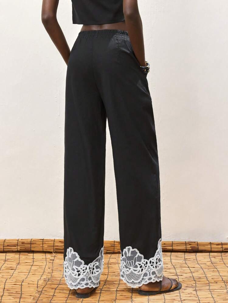 SHEIN Maija Women's Black Casual Loose Straight Leg Pants, Elastic Waist, Color Contrast Lace Patchwork, Slant Pockets, Elegant & Fashionable For Summer