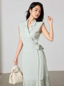 Heiryn Vestido elegante de verano de mujer con diseño envolvente y bajo plisado en un solo color