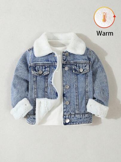 SHEIN Kurtka jeansowa dla chłopca, wygodna, swobodna, termiczna, podszyta, jesień/zima