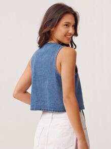 WESTFADE 夏季棉质牛仔 V 领可爱蝴蝶结前部无袖乡村西部春季花卉刺绣宽松短款背心上衣女牛仔竞技表演 - 中等水洗藍 - 查看 6