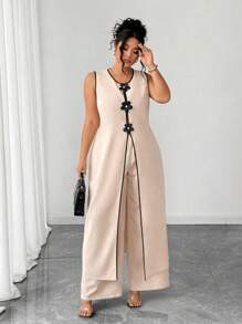 SHEIN LUNE Plus Size Sleeveless Round Neck 2 Pieces Set With 3D Flower Decor, Casual Wear For Outing & Commute - Apricot - View 7