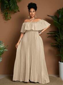 Maweii Plus Size Women Off Shoulder Pleated Solid Color Vacation Elegant Dress - Apricot - View 3