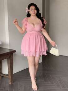Plus Size Women's Vintage Floral Square Neck Ruffle Hem A-Line Knee Length Spring/Summer Dress, Pink - Pink - View 7