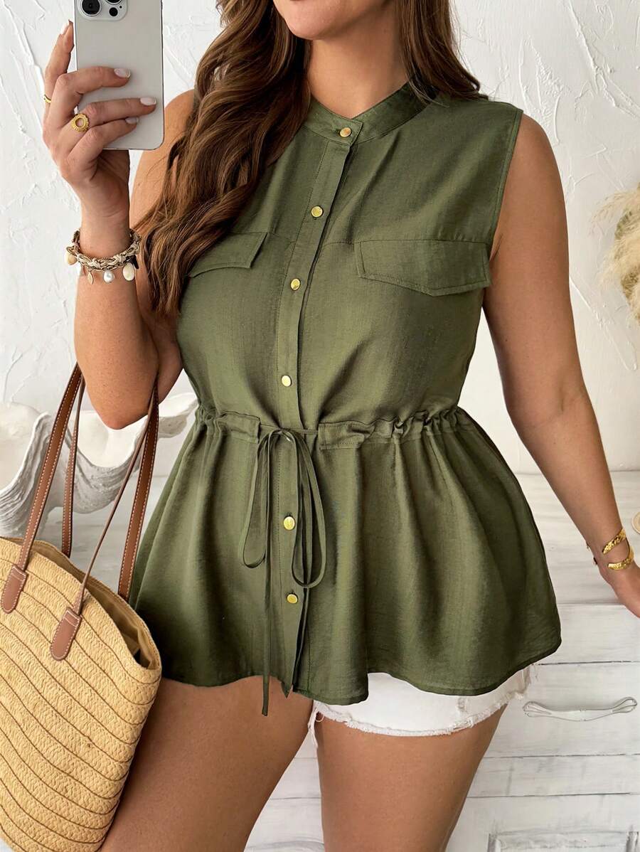 Celure Damen Bluse in Großen Größen, Frühling/Sommer Französischer Chic Eleganter Pendler Business Lässig Urlaub Einfarbig mit Stehkragen, Kordelzug in der Taille, A-Linie, offene Vorderseite mit Metalltasten, dekorative Fake-Taschen, ärmellosl