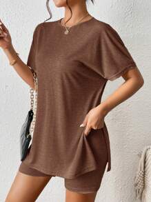 SHEIN Frenchy 2pcs/Set Women Short Sleeve Solid Color T-Shirt And Shorts Set, Fashion For Summer Brown Casual - Coffee Brown - View 7