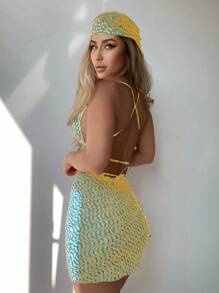 SHEIN Swim 4pcs/Set Swimsuit With Skirt + Headwrap (Random Print Design) For Summer Beach Vacation - Multicolor - View 2