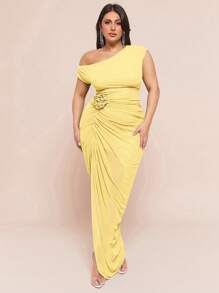 SHEIN BAE 加大码绿色 3D/压花花卉长裙，优雅太阳裙，适合夏季/女士夏装/夏装、海滩、度假、返校、春夏连衣裙、荷叶边侧开衩长裙/婚礼宾客礼服/伴娘礼服/鸡尾酒会礼服/派对礼服，女士夏装 - 黃色 - 查看 1