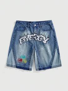 ROMWE MEN Street Life Pantalones cortos vaqueros para hombre con parches de rhinestones y contraste de color - Azul - Ver 6